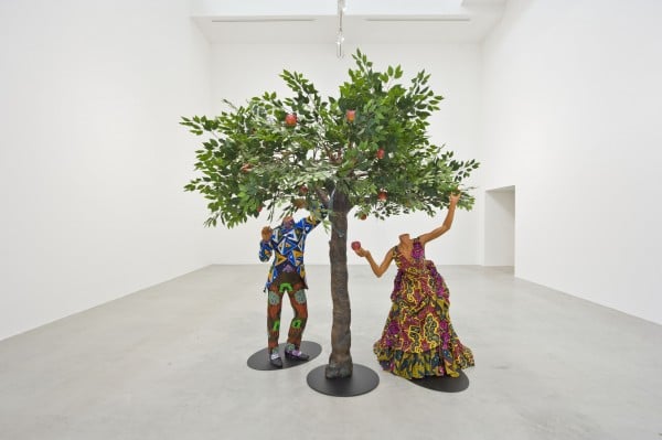 Yinka Shonibare, Adam and Eve (2013) Fibreglass mannequins, Dutch wax printed cotton textile, fibreglass, wire and steel baseplates, 112 x 91 x 45 in.