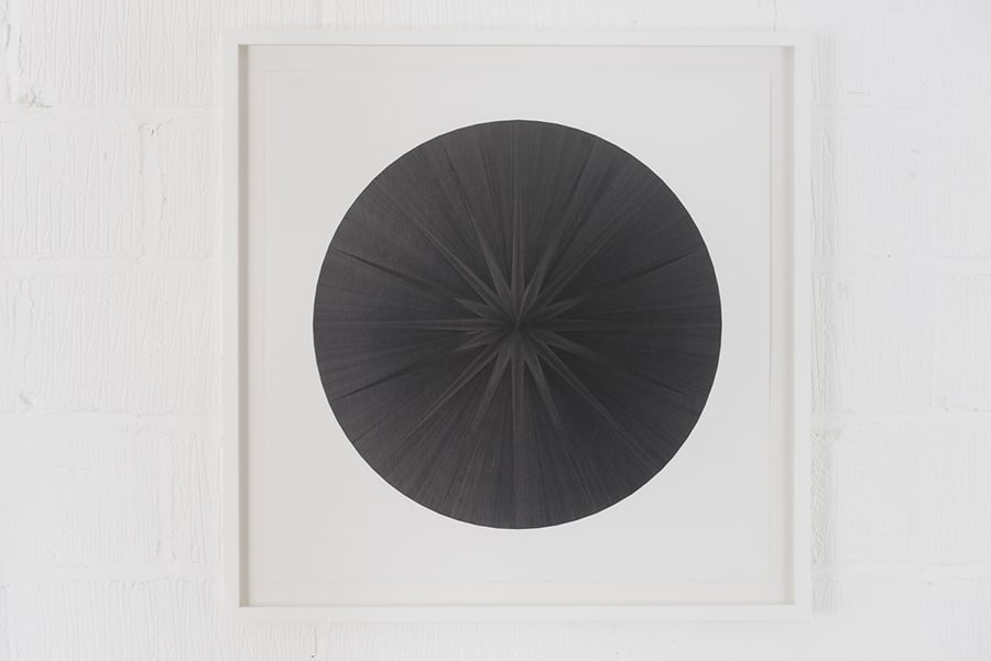 Mohammed Qasim Ashfaq, Black Hole III (2014), Graphite on Fabriano 4 smooth 200 gsm, Geometry diameter 60 cm, Overall paper size 75 x 75 Photo: Courtesy Hannah Barry Gallery