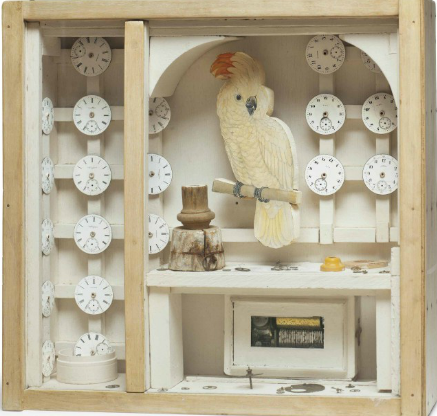 Lot 47 at Christie's Postwar & Contemporary Art Evening Sale, Joseph Cornell, Avairy (Cockatoo and Watches) (circa 1948).Courtesy of Christie's.