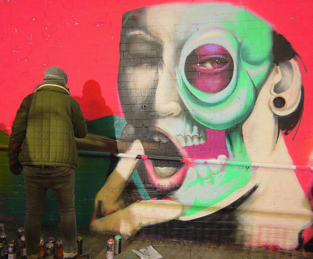 Graffiti from CBLOXX in London's Leake Street Tunnel is part of Femme Fierce's record breaking mural.  Photo: Street Art Utopia.