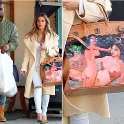 Kim Kardashian's Hermes Birkin bag, hand-painted by Georg Condo, was a gift from Kanye West. Photo: FameFlynet.