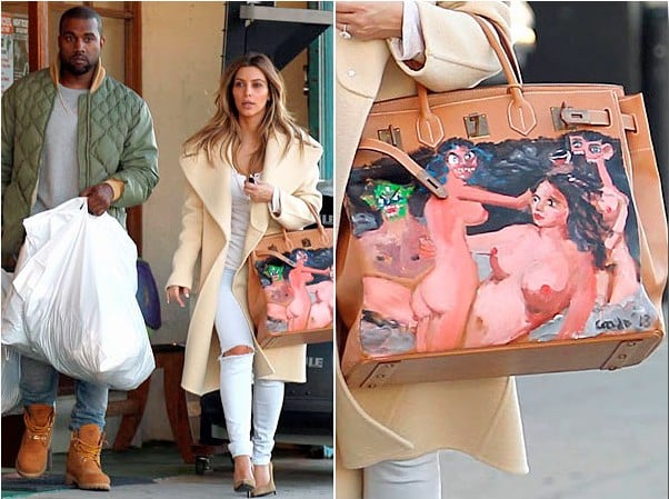 Kim Kardashian's Hermes Birkin bag, hand-painted by Georg Condo, was a gift from Kanye West. Photo: FameFlynet.