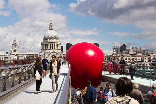 Kurt Perschke’s Redball in London's Millennium Bridge in 2012 Photo via: Flickr