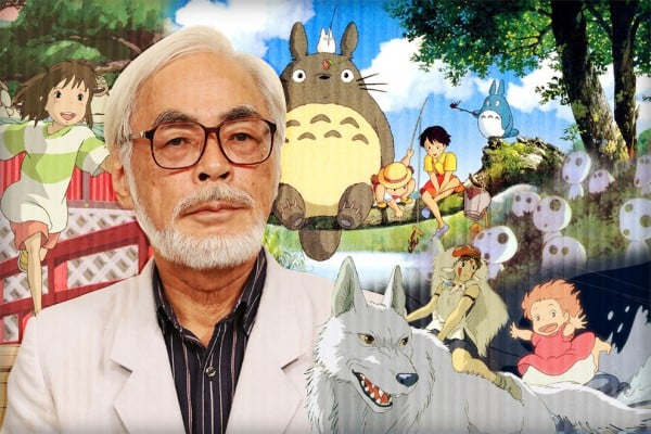Director/animator Hayao Miyazaki with his creations. Photo: Ken Ishii / Getty Images; Studio Ghibli