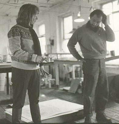Artist Elaine De Kooning (left) with Poleskie (right) at Chiron Press, 1965