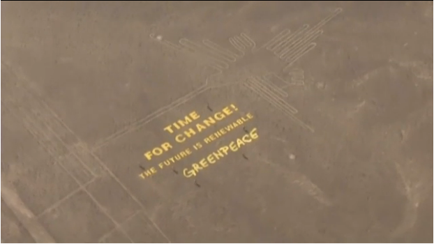 A video still showing the Greenpeace message as it was placed next to the Nazca lines.