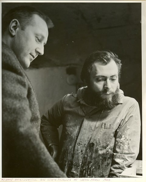 Artist Richard Anuszkiewicz (left) with Poleskie (right) at Chiron Press, 1964