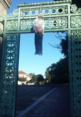 An effigy of a photograph of a historical lynching hung at UC Berkeley. Photo: Michael McBride via Twitter.