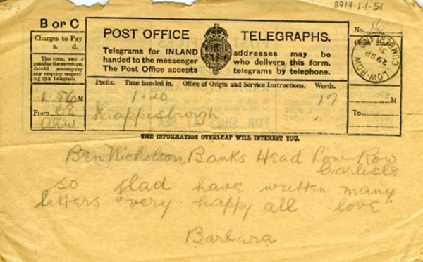 Barbara Hepworth telegram to Ben Nicholson