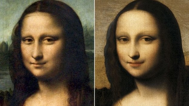 The two versions of Leonardo da Vinci's Mona Lisa side by side.