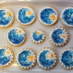 Wedding favor cookies inspired by Vincent van Gogh's Starry Night by the Land of Milk 'N' Cookies.