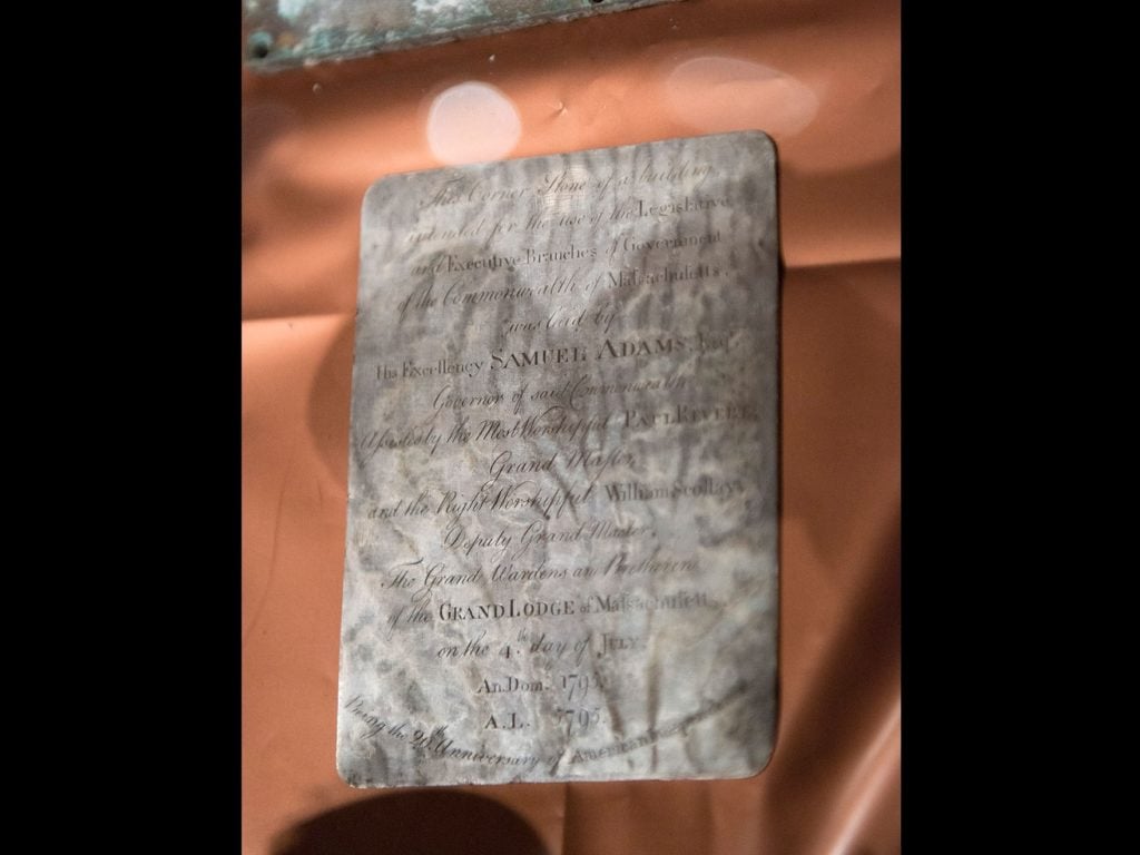 An inscribed silver plaque from the time capsule found in the cornerstone of the Massachusetts State House. Photo courtesy of the MFA Boston. 