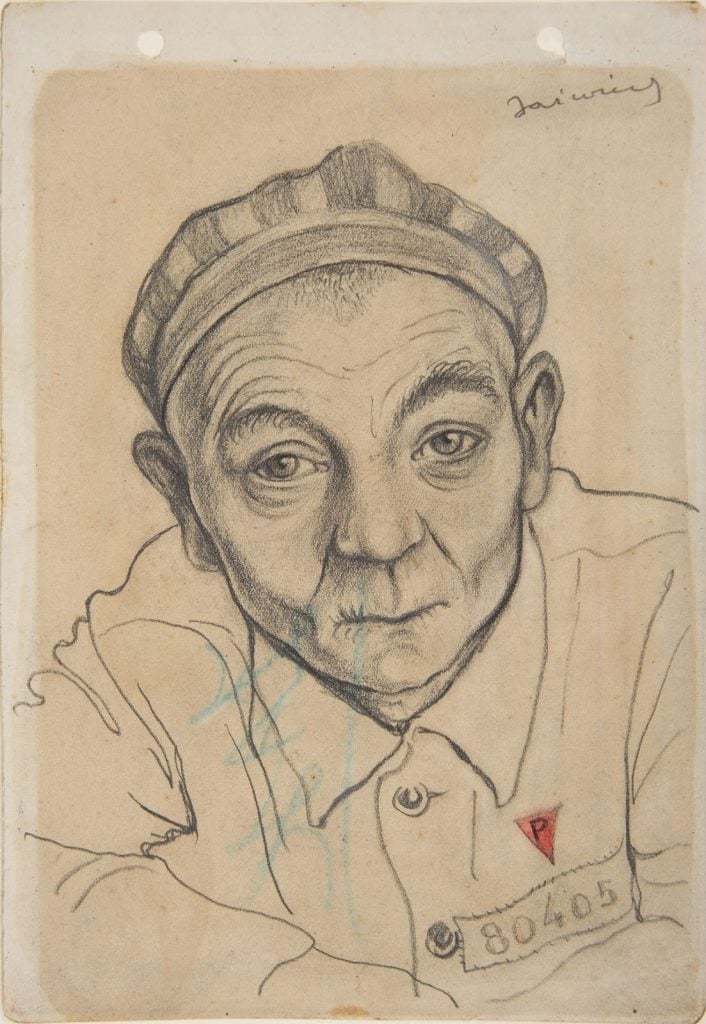 Franciszek Jaźwiecki, <em>Portret Piotra Kajzera (Portrait of Piotr Kajzer)</em>, Buchenwald 1944. Courtesy of the Auschwitz-Birkenau State Museum. 