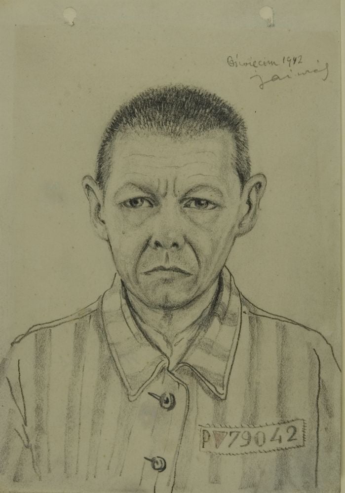 Franciszek Jaźwiecki, <em>Autoportret (Self-portrait)</em>, Auschwitz 1942. Courtesy of the Auschwitz-Birkenau State Museum.