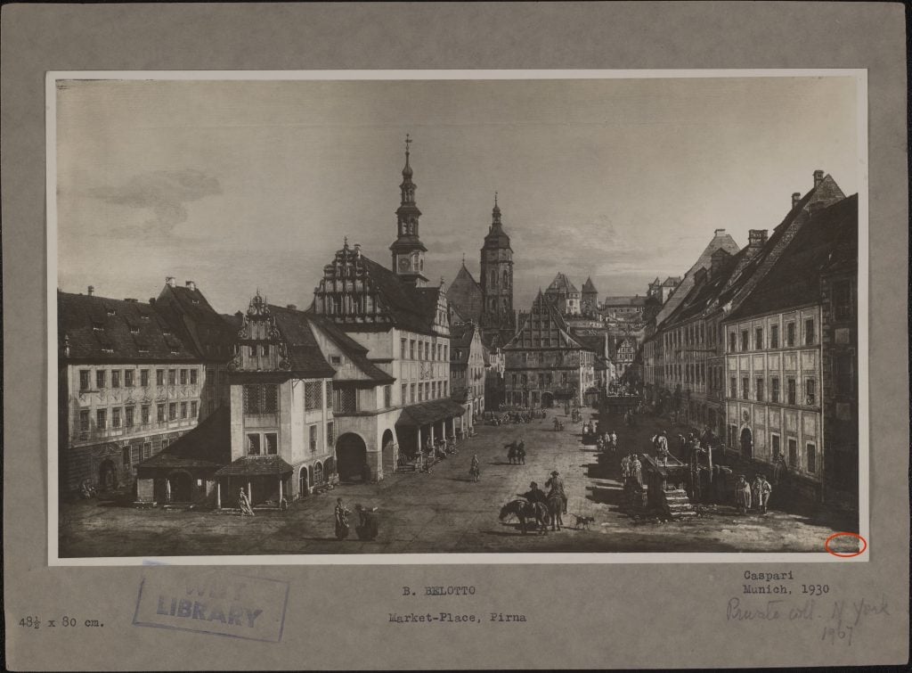 This photograph of Bernardo Bellotto's <em>The Marketplace at Pirna</em> (ca. 1764) taken by art dealer Anna Caspari before she sold it to Max Emden shows a faint inventory number in the corner from former owner Gottfried Winckler Photo from the Witt Library in London, courtesy of the Monuments Men Foundation. 