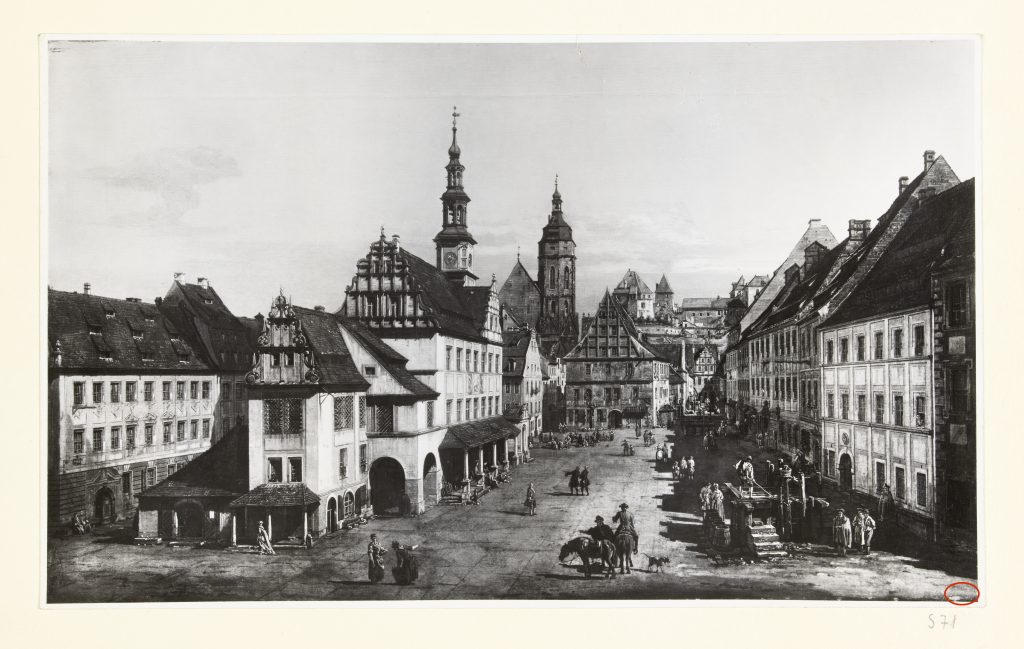 This photograph of Bernardo Bellotto's The Marketplace at Pirna (ca. 1764) taken by art dealer Karl Haberstock after he bought it from Jewish collector Max Emden for Adolf Hitler shows a faint inventory number in the corner from former owner Gottfried Winkler Photo courtesy of the Monuments Men Foundation.