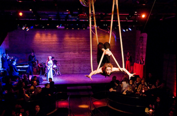 High-wire act: Suspended Cirque performance at Galapagos Art Space Image: Courtesy Galapagos Art Space