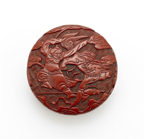 A rare tihong carved cinnabar lacquer box and cover