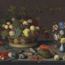 Balthasar van der Ast, Grapes and other fruit in a basket, cherries and a peach on a Delft plate, tulips, irises and other flowers in a Wan-li vase, shells, and other fruit on a stone table, with parrots