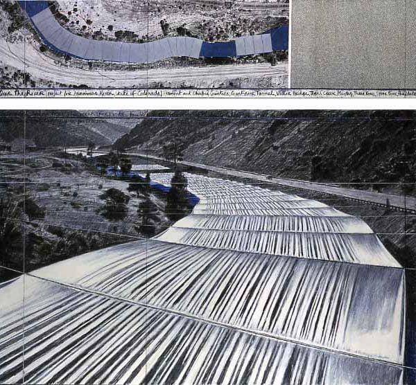 Christo and Jeanne-Claude, concept art for Over the River (2006). Photo: Wolfgang Volz, courtesy Christo.