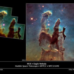 A comparison of NASA's two photographs of the Pillars of Creation, taken by Hubble in 1995 and 2015. Photo: NASA.