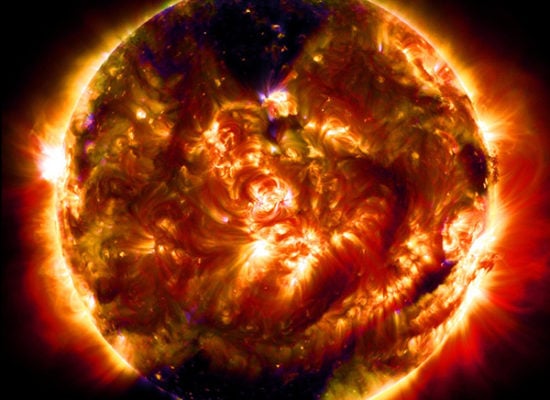 An overlaid composite image of the 100 millionth photo taken by AIA, showing the sun in multiple wavelengths. Photo: NASA/SDO.