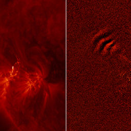 "AIA's sensitivity has enabled the discovery of a new, fast-moving type of wave that shakes the sun's corona. The image on the left, taken on May 30, 2011, shows an active region where a moderate flare lights up a ridge in the region. The image on the right shows the difference between this exposure and an earlier one, thus showing only what has changed between the two images: A wave, with alternating bright and dark lines, runs toward the upper left corner. Only AIA's rapid cadence could reveal that this type of wave can runs at speeds exceeding 1,200 miles per second.﻿" Photo: NASA/SDO.