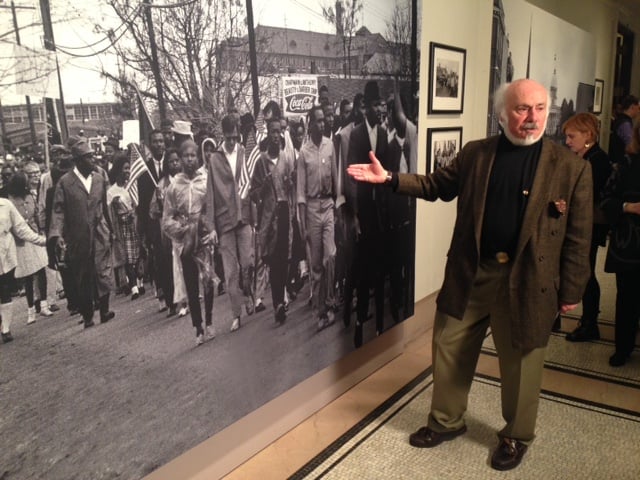 Stephen Somerstein speaks about one of his photos of the Selma-Montgomery voting march rights at a press preview of his exhibition at the New-York Historical Society. Photo: Sarah Cascone.