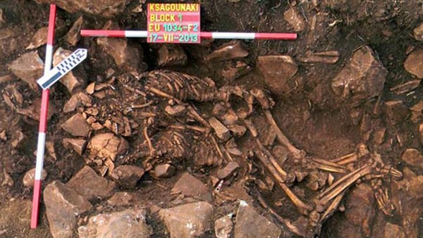 Archaeologists in Greece have discovered a rare burial of a prehistoric couple positioned in an embrace in the coastal Diros caves. Courtesy Greek Culture Ministry