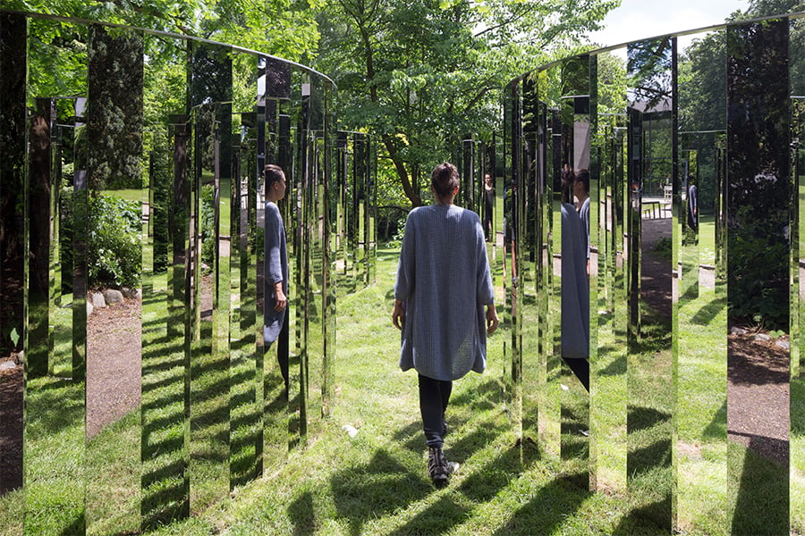 Jeppe Hein, Semicircular Mirror Labyrinth II (2013), installed at Ordrupgaard, Charlottenlund, Denmark. Photo: Anders Sune Berg, courtesy König Galerie, Berlin; 303 Gallery, New York; and Galleri Nicolai Wallner, Copenhagen.