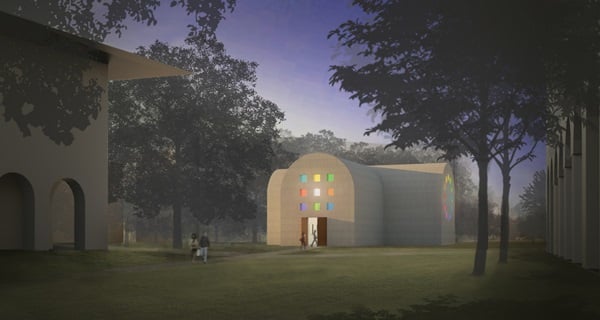 Elllworth Kelly Austin (2015) (exterior rendering). Artist designed building with installation of colored glass windows, marble panels, and redwood totem. Photo: Courtesy the Blanton Museum of Art, Austin Texas.