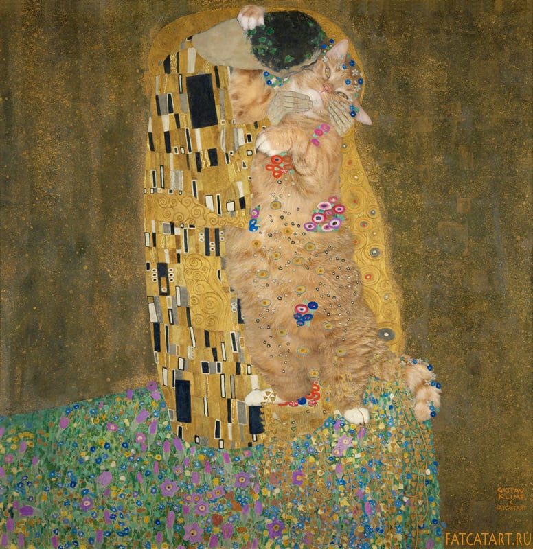 Gustav Klimt's The Kiss with kitty.