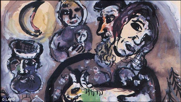 Marc Chagall, <em>Les Paysans</em>. The painting was stolen by Raul Espinoza, but has been recovered. Courtesy of the Los Angeles Police Department.