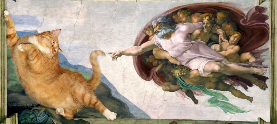 Michelangelo, The Creation of Adam (1512) is turned into the creation of cat-dam.