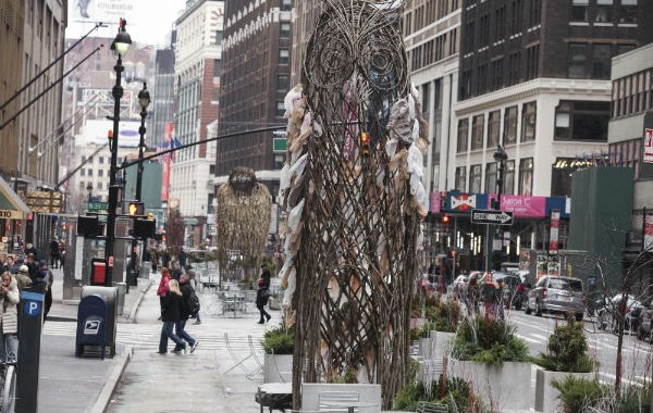 The Myth Makers (Donna Dodson and Andy Moerlein), "Avian Avatars" (2015), Garment District Plaza. Photo: courtesy the Garment District.