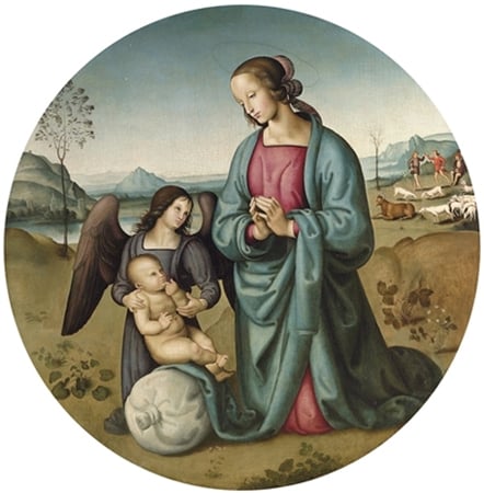 The Madonna and Child with an angel in a landscape  by Circle of Perugino