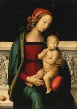 The Madonna and Child seated before a sculpted parapet, an apple resting beside her by Circle of Perugino