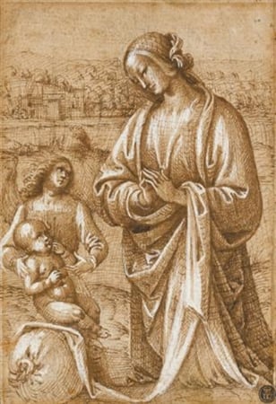 The Madonna kneeling before the Christ Child, who is seated on a sack and supported by an angel by Follower of Perugino