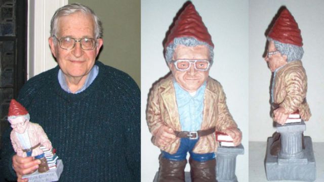 Noam Chomsky holding Gnome Chomsky. Photo: Just Say Gnome.
