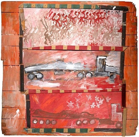 Purvis Young, Free Ridin, 1988, paint on paneling with collage-style interior frame