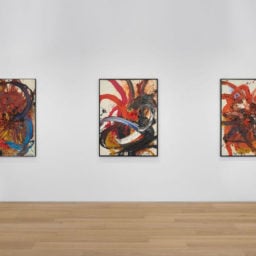 Left to right: Kazuo Shiraga's Composition(1962), Iizuminokami-Kanesada (1962), and T55 (1955) at Dominique Levy Gallery