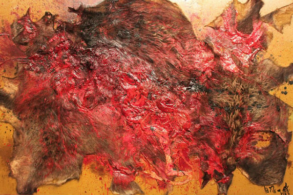 Kazuo Shiraga, Inoshishi-gari 1 (Wild Boar Hunting 1) (1963), from the collection of the Museum of Contemporary Art, Tokyo Fur, paste, and oil on panel Museum of Contemporary Art, Tokyo