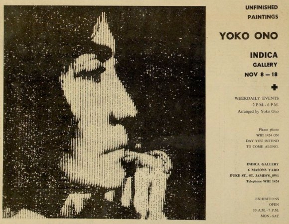 An announcement for Yoko Ono's art show where she met John Lennon. 