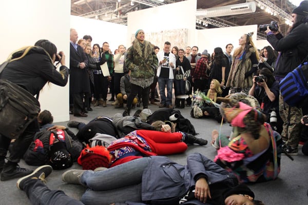 An audience of about 100 gathered around the die-in.  Photo: Victoria Valentine via CultureType.com