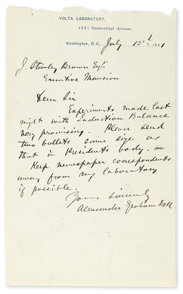 Signed Alexander Graham Bell letter to James Garfield's private secretary J. Stanley Brown on the occasion of the president's assassination. Photo: Swann Galleries.