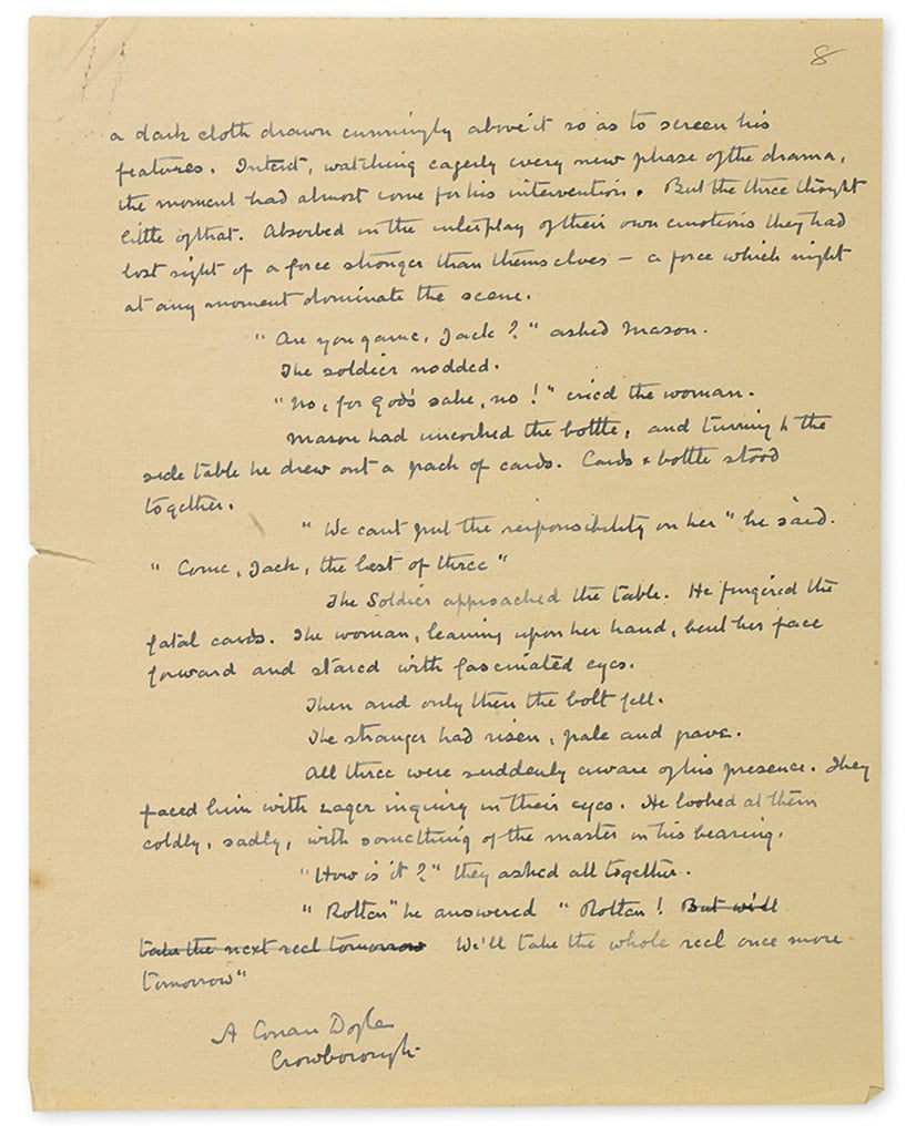 Arthur Conan Doyle, signed manuscript for his short story "The Nightmare Room," first published in <em>Strand Magazine</em> in December 1921. Photo: Swann Galleries.