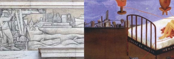Details of Detroit Industry [left] and Henry Ford Hospital, comparing the depiction of the Detroit skyline