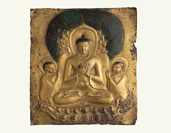 Plaque with image of seated Buddha (pagan period, 11th–13th century). Photo: Sean Dungan, courtesy the Bagan Archaeological Museum, Myanmar.