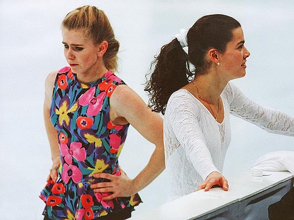 Tonya Harding (left) and Nancy Kerrigan (right) training in 1994. Photo: Andreas Altwein /Landov.