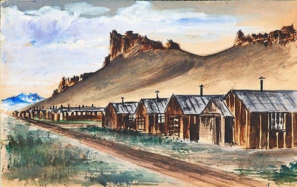 A watercolor by an unknown artist of a Japanese-American internment camp. <br/> Photo via: Rago Arts & Auction Center